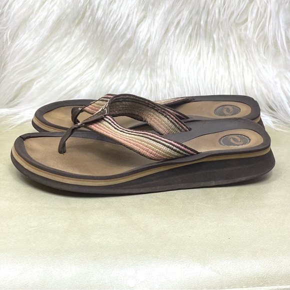 O’Rageous Thong Sandal Low Wedge Style Flip Flops Earthy Neutrals Canvas Stripe - Picture 10 of 15